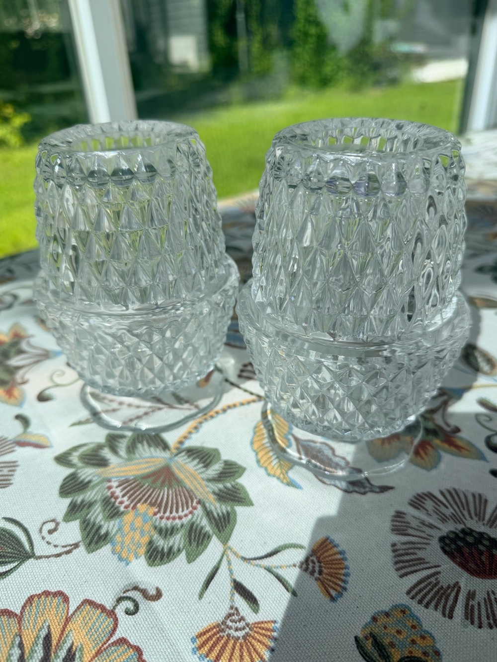 Set of 2 Glass Diamond Point Clear Fairy Lamp candle holders